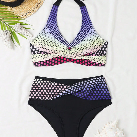 Damen Hochgeschnittenes Bikini-Set mit stilvollem Punktmuster EB