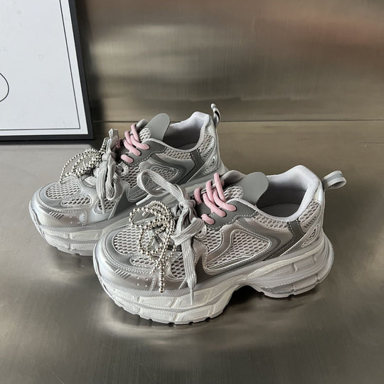 Damen Sportliche Sneakers mit stilvollem Mesh-Design und modischer Perlenverzierung EB