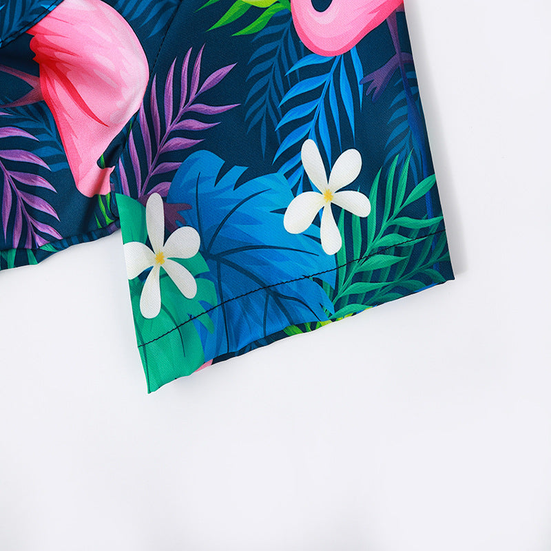 Herren Kurzarmhemd mit lebendigem Flamingo-Muster und atmungsaktiver Baumwolle EB