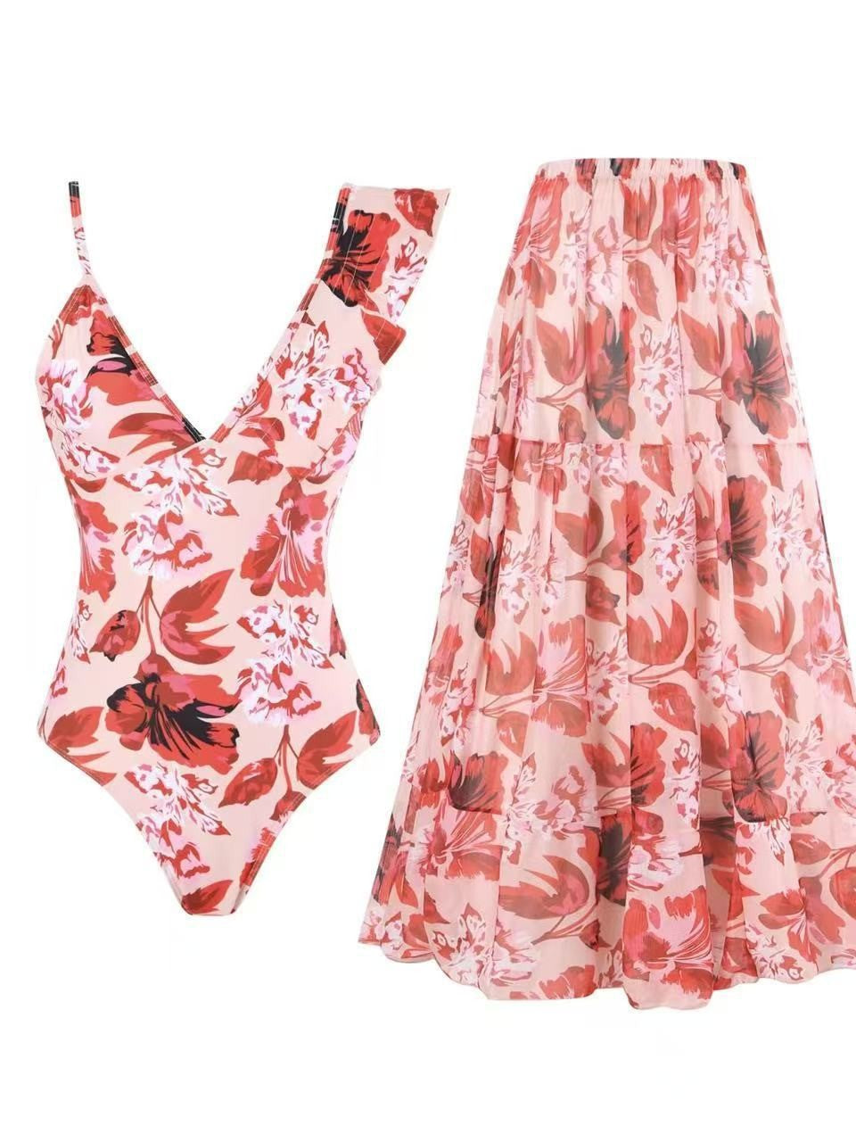 Damen Badeanzug mit floralem Design und passendem Rock EB