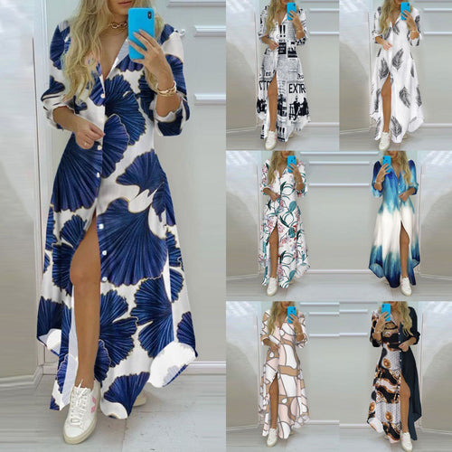 Damen nan knopfbares Maxi-Hemdkleid mit geometrischem Muster, V-Ausschnitt, Kentkragen und hohem Beinschlitz EB