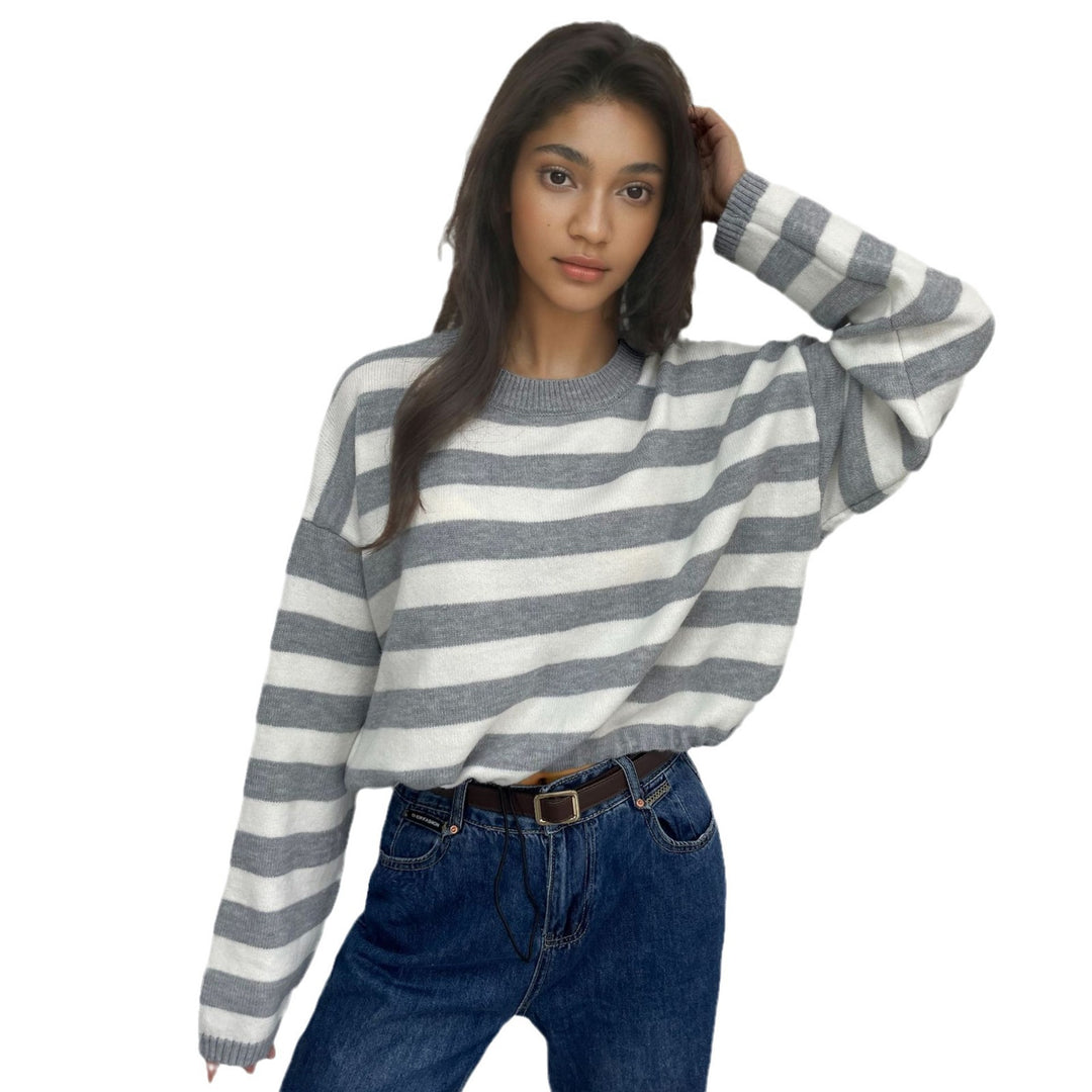 Damen lässiger Streifenpullover mit weitem Schnitt und Kordelzug EB