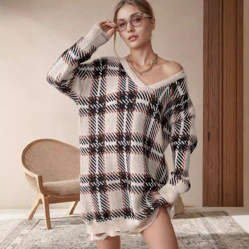 Damen Grobstrickpullover im modischen Karomuster EB
