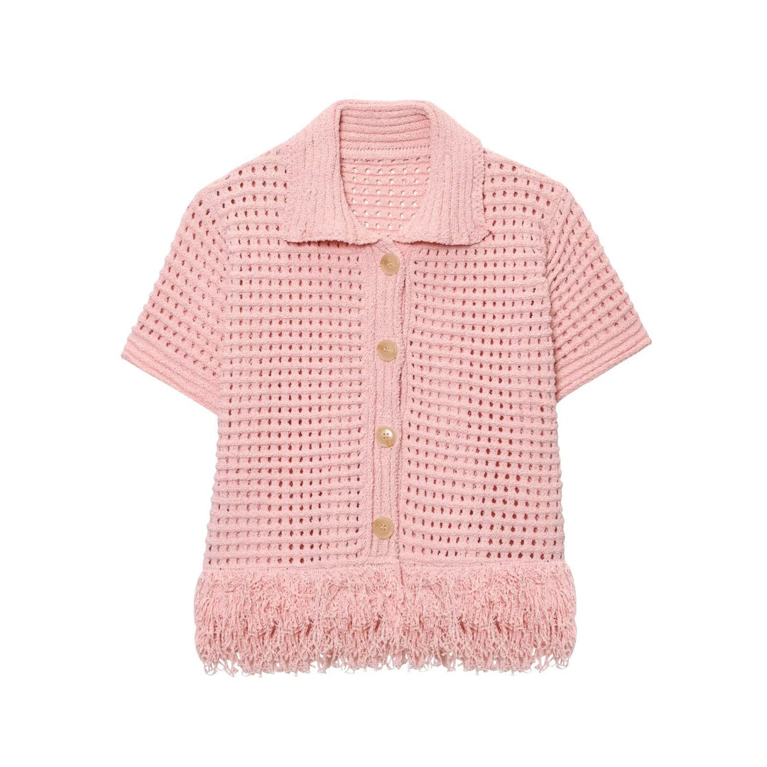 Damen Kurzarm-Strickjacke mit fransigem Saum und dekorativen Knöpfen EB