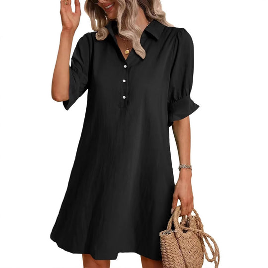Damen lässiges Hemdkleid mit kurzen Ärmeln und praktischen Taschen EB