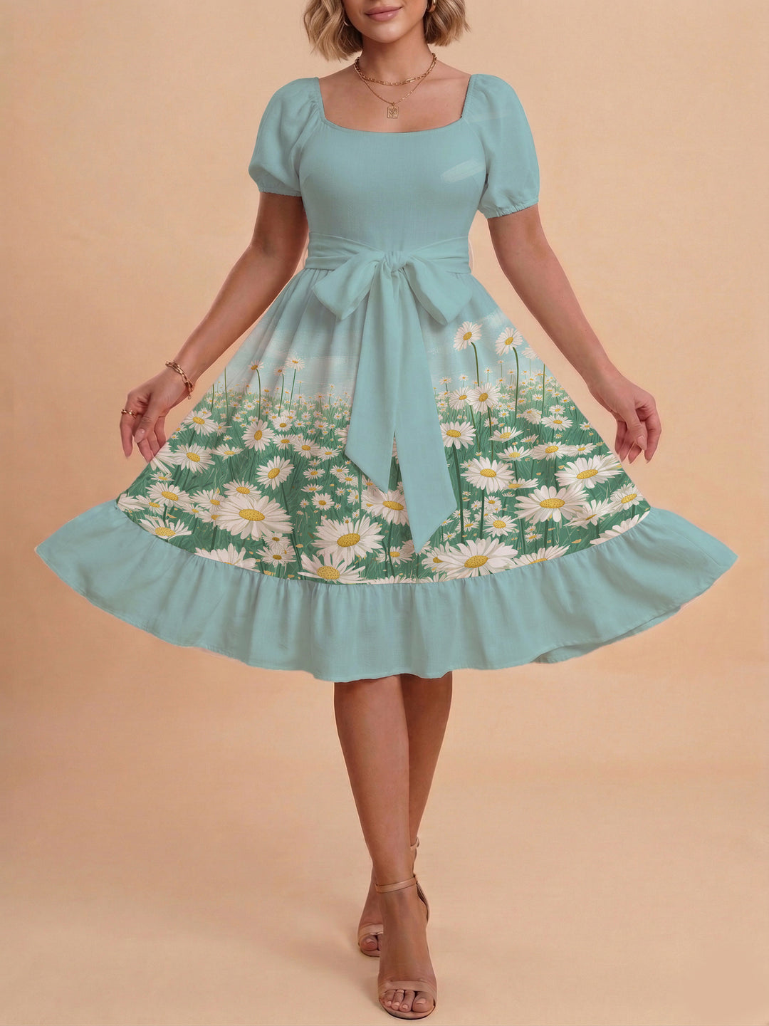 Damen Sommerliches Blumenkleid mit taillierbarem Gürtel und voluminösen Ärmeln EB
