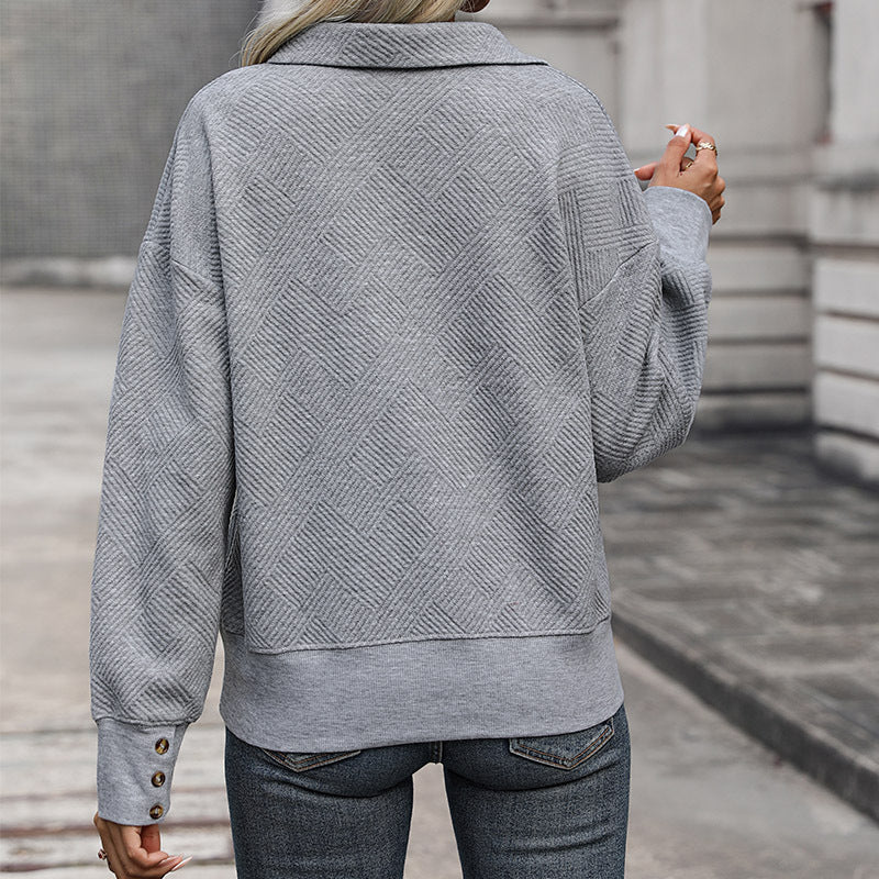 Damen lässiger Pullover mit dekorativem Strukturmuster und offenem Kragen EB