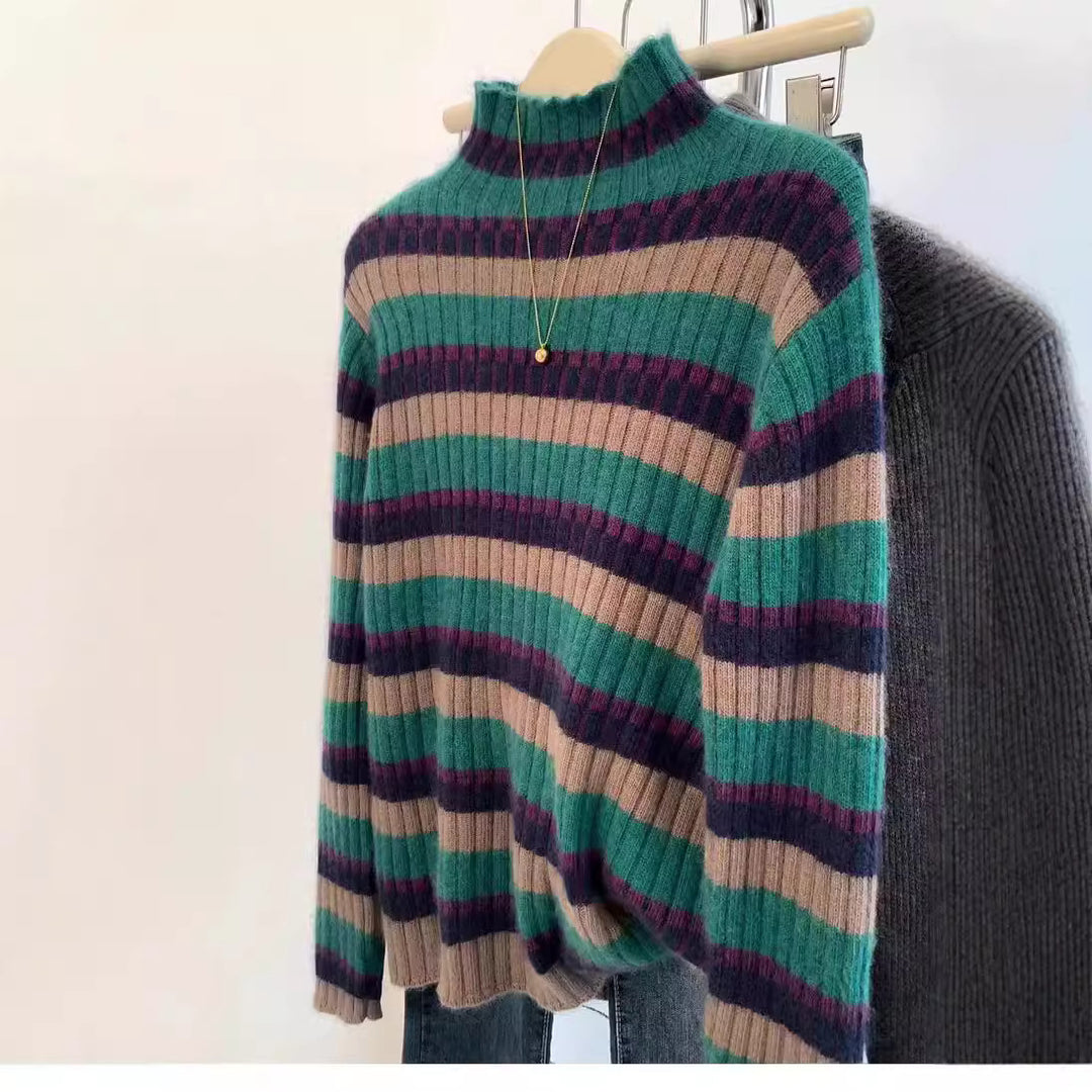 Damen Rippstrickpullover mit hohem Kragen und modischem Streifenmuster EB