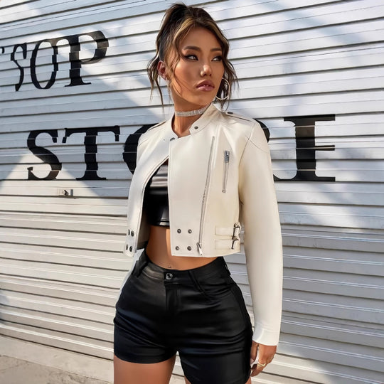 Damen Kunstleder Bikerjacke mit strukturierten Akzenten und modischem Schnitt EB