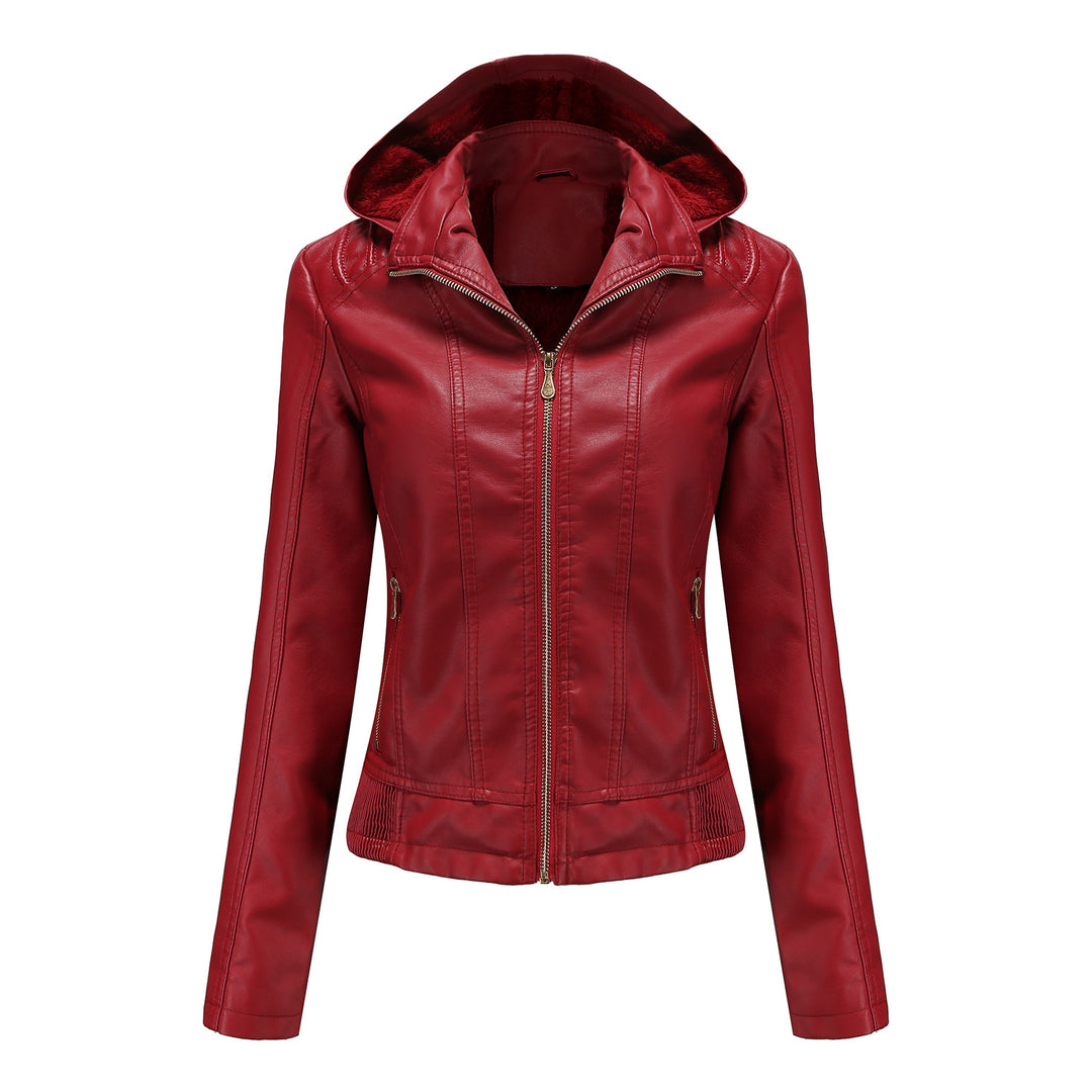 Damen nan taillierte Kunstlederjacke mit Kapuze, wattiertem Innenfutter und verdeckten Reißverschlusstaschen EB