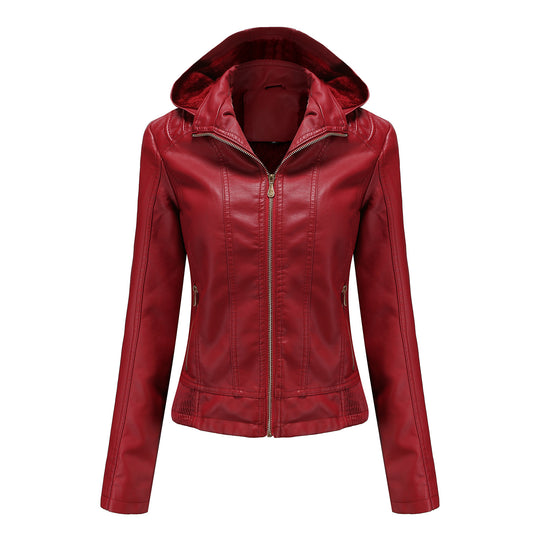 Damen nan taillierte Kunstlederjacke mit Kapuze, wattiertem Innenfutter und verdeckten Reißverschlusstaschen EB