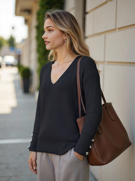 Damen V-Ausschnitt Strickpullover mit dekorativen Knöpfen EB