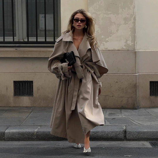 Damen Übergröße Trenchcoat mit voluminösen Ärmeln und taillierter Schnürung EB