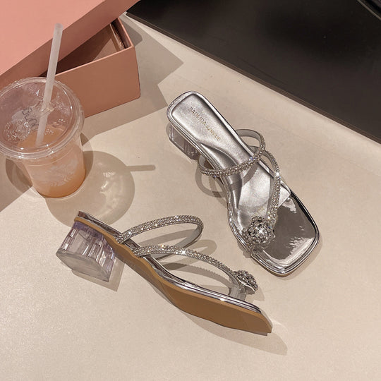 Damen Glitzernde High-Heels mit kunstvollen Verzierungen und transparentem Blockabsatz EB