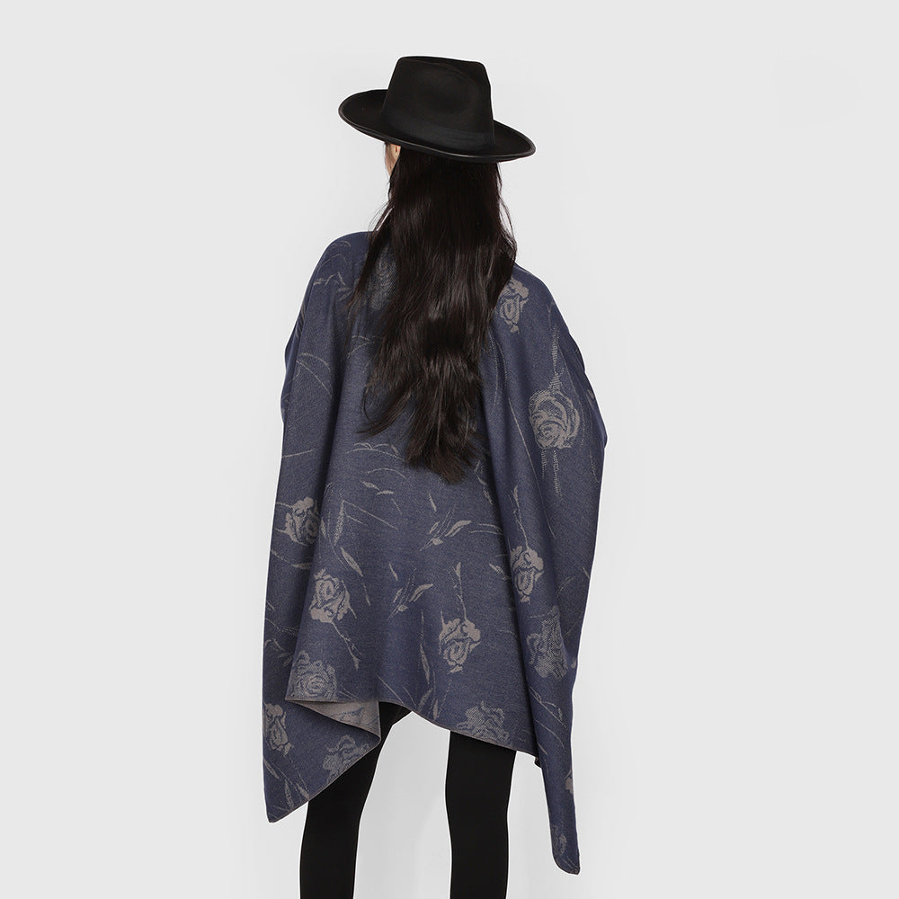Damen Beidseitig tragbarer Jacquard-Überwurf mit Rosenmuster und Bindegürtel EB