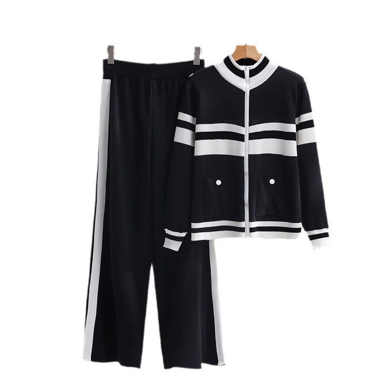 Damen sportliches Strick-Loungewear-Set mit geripptem Design und praktischen Taschen EB