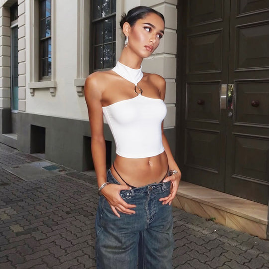 Damen Sportliches Crop-Top mit geschmackvollem Choker und dekorativem Detail EB