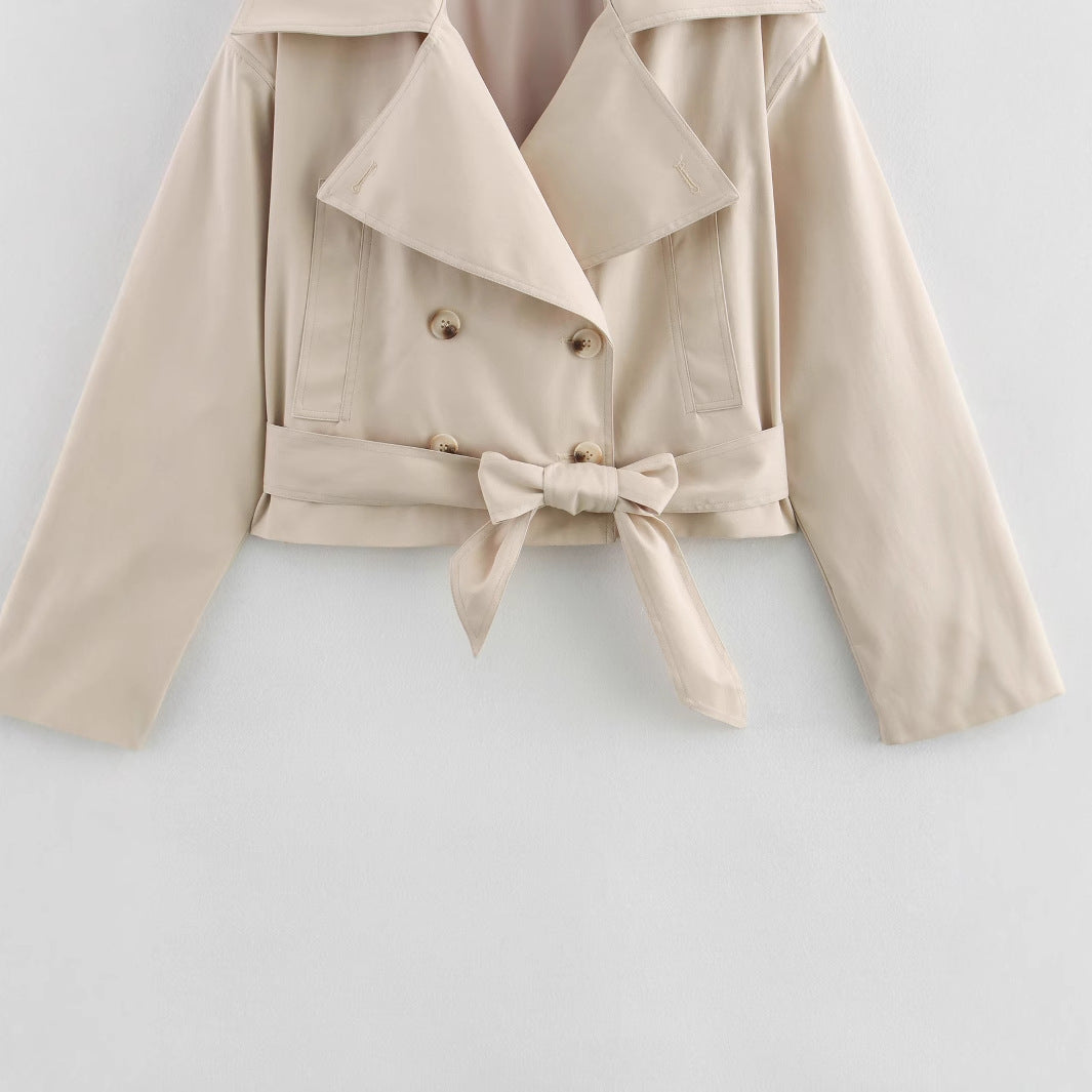 Damen modische cropped Trenchjacke mit eleganten Knopfdetails und Gürteldetail EB