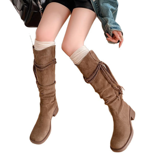Damen Overknee-Stiefel mit geflochtenen Details und elegantem Falten-Design EB