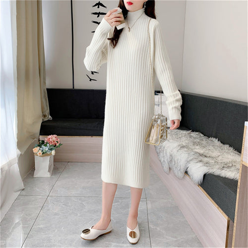 Damen Strickmaxikleid mit Hohem Kragen und Feiner Rippstruktur EB