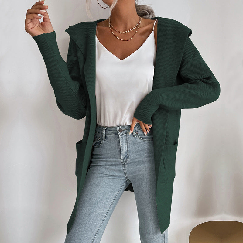 Damen Langärmlige Strickjacke mit Kapuze und seitlichen Taschen EB