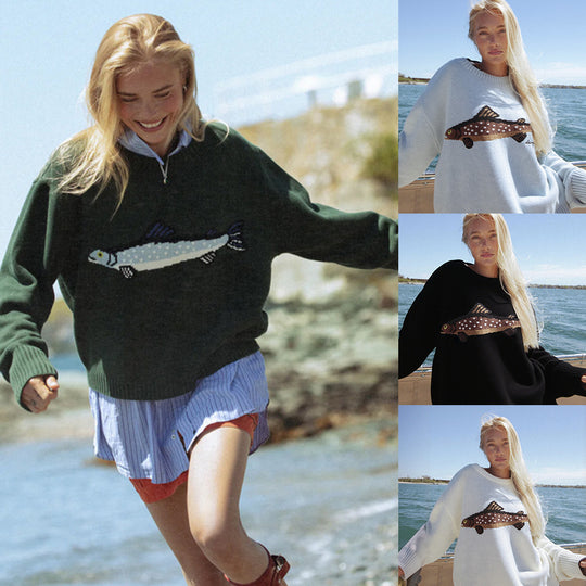 Damen Oversize Strickpullover mit Fisch-Jacquard, Halbkragen und Rippenbündchen EB