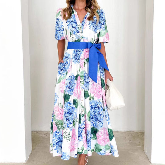 Damen Maxi-Kleid mit Bundfalten und Taillengürtel EB