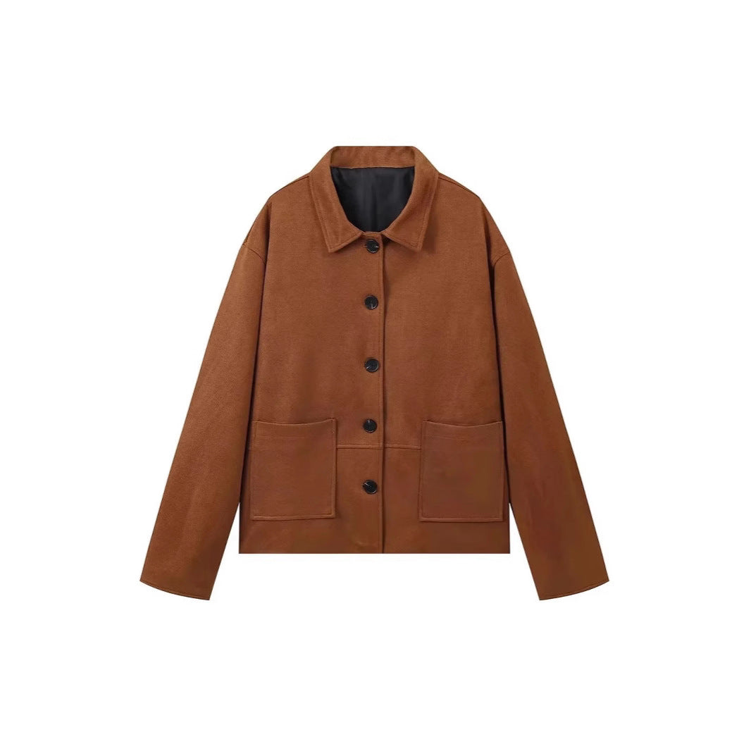 Damen klassische Wildlederjacke im entspannten Schnitt mit knöpfbarem Verschluss EB