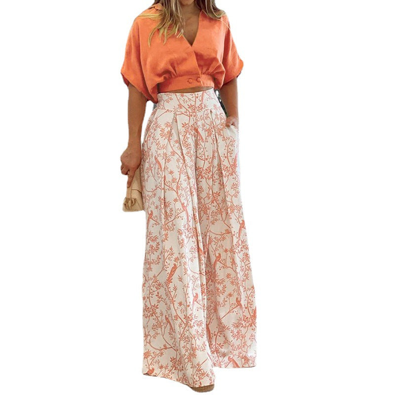 Damen Crop-Top Kombi-Anzug mit Weitem Rock und Floralem Muster EB