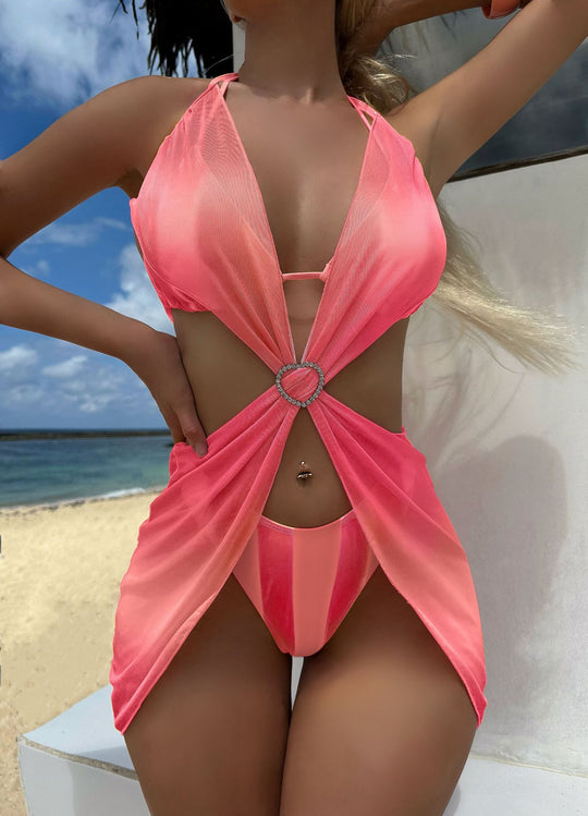 Damen Trendiges Zwei-in-Eins-Bikini-Set mit modischem Wickelrock EB