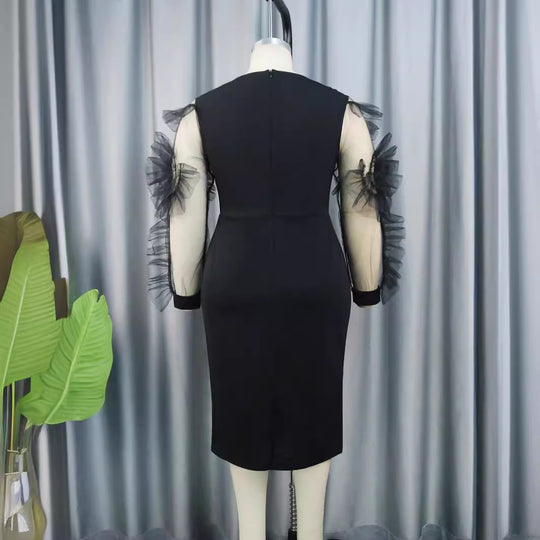 Damen Elegantes Figurbetontes Kleid mit voluminösen Tüllärmeln EB