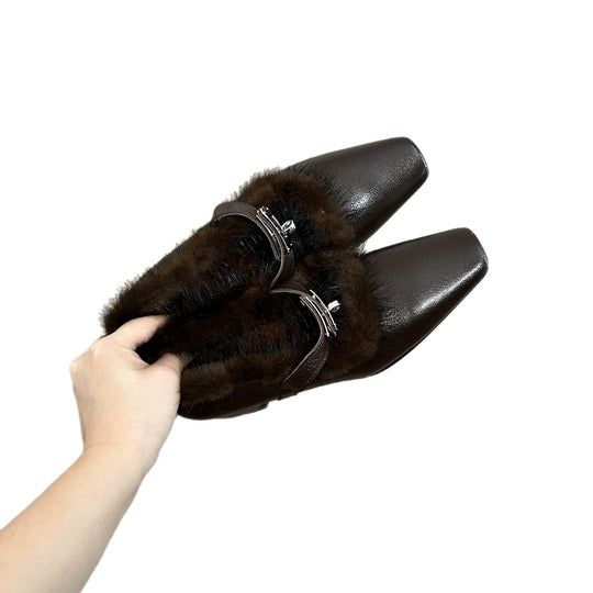 Damen elegante Ballerina-Schuhe mit Kuschelfell-Besatz und schickem Riemen EB