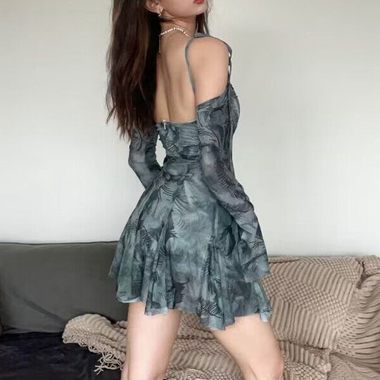Damen Minikleid mit schulterfreien Ärmeln und floralem Muster EB