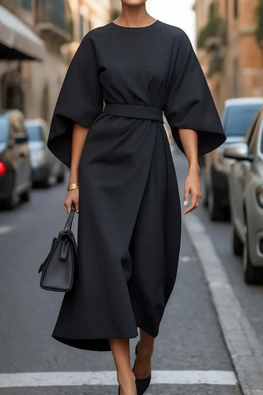 Damen Maxikleid mit eleganten Puffärmeln und Taillengürtel EB