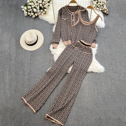 Damen modisches Strick-Loungewear-Set mit geometrischem Muster und Cardigan EB