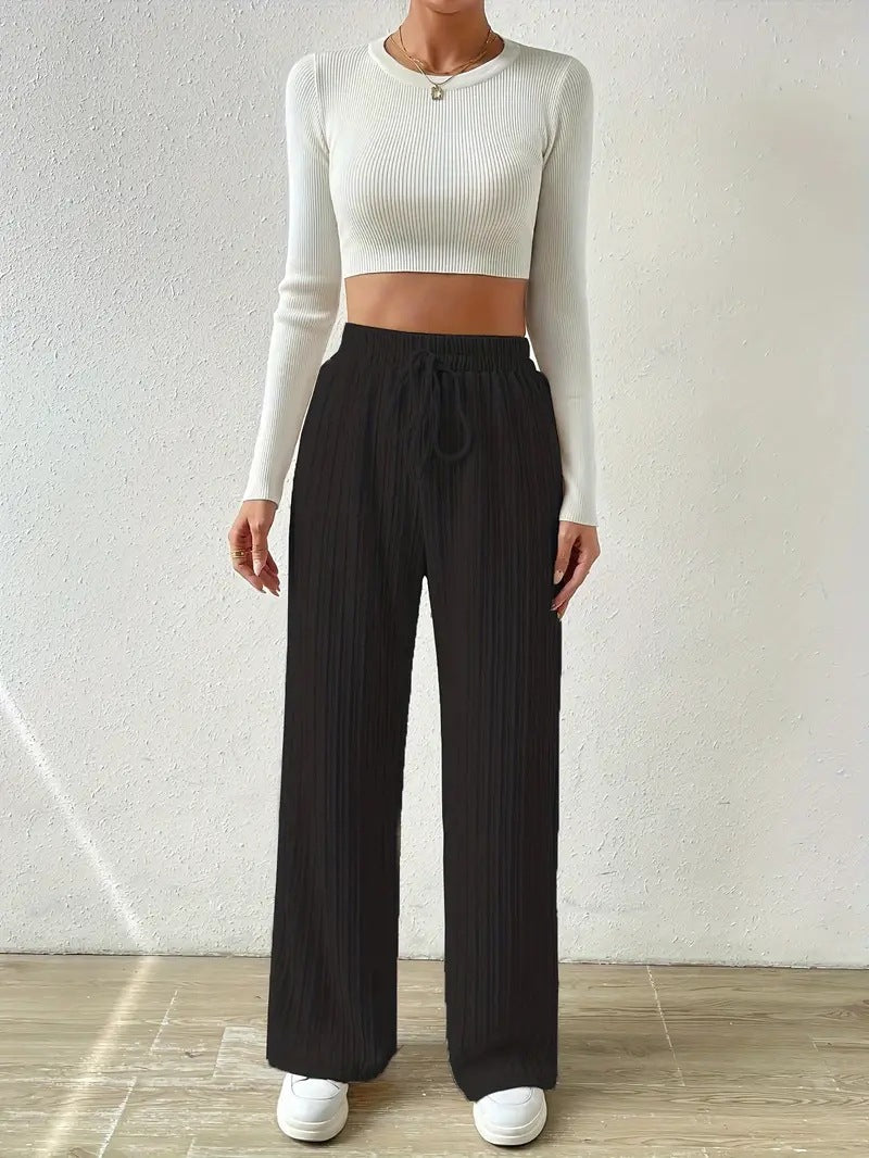 Damen Palazzo-Hose mit vertikalem Kordeldesign und elastischem Bund EB