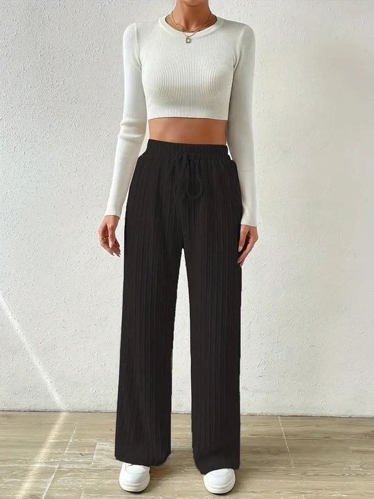 Damen Palazzo-Hose mit vertikalem Kordeldesign und elastischem Bund EB