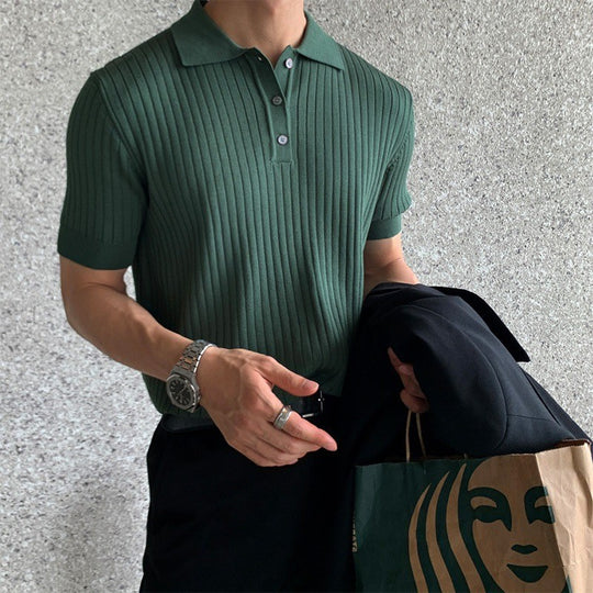 Herren nan schmal geschnittenes geripptes Poloshirt aus Feinstrick mit Kurzarm und Polokragen EB