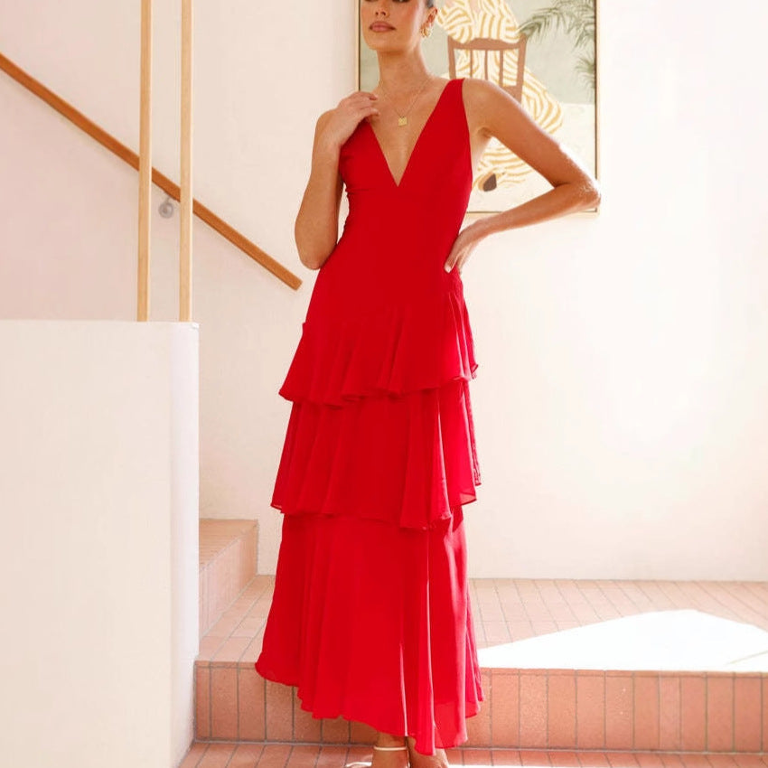 Damen Maxi-Kleid mit eleganten Volants und tiefem V-Ausschnitt EB