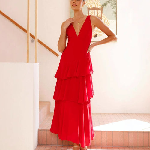 Damen Maxi-Kleid mit eleganten Volants und tiefem V-Ausschnitt EB