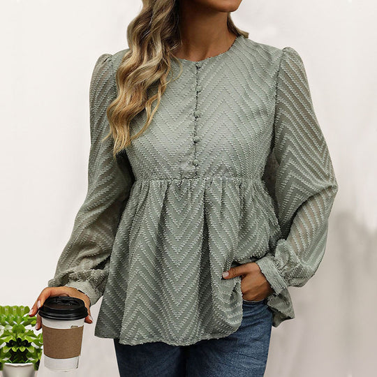 Damen Chiffon-Peplum-Bluse mit Chevron-Struktur, geraffter Empire-Taille & Knopfleiste EB