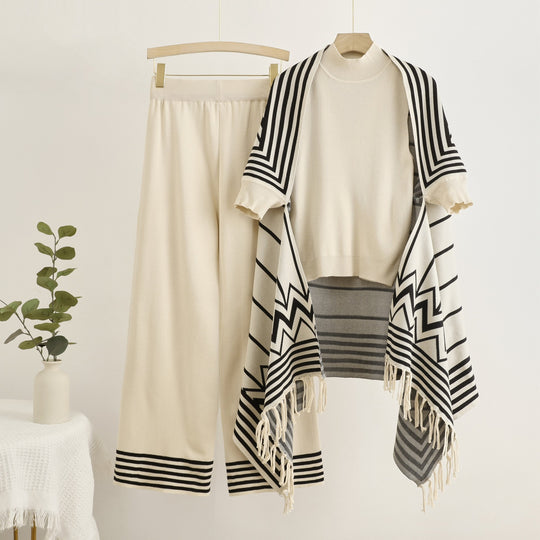 Damen elegantes Strick-Kombinationsset mit hochgeschlossenem Oberteil und weiten Hosen EB
