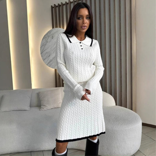 Damen Zweiteiliges Zopfstrick-Kleid mit Taillenbund und Polokragen EB