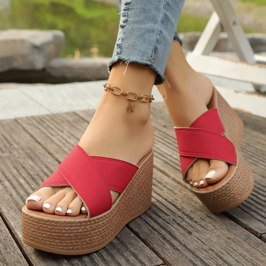 Damen Wedge-Sandalen mit geflochtenem Absatz und überkreuzten Riemen EB