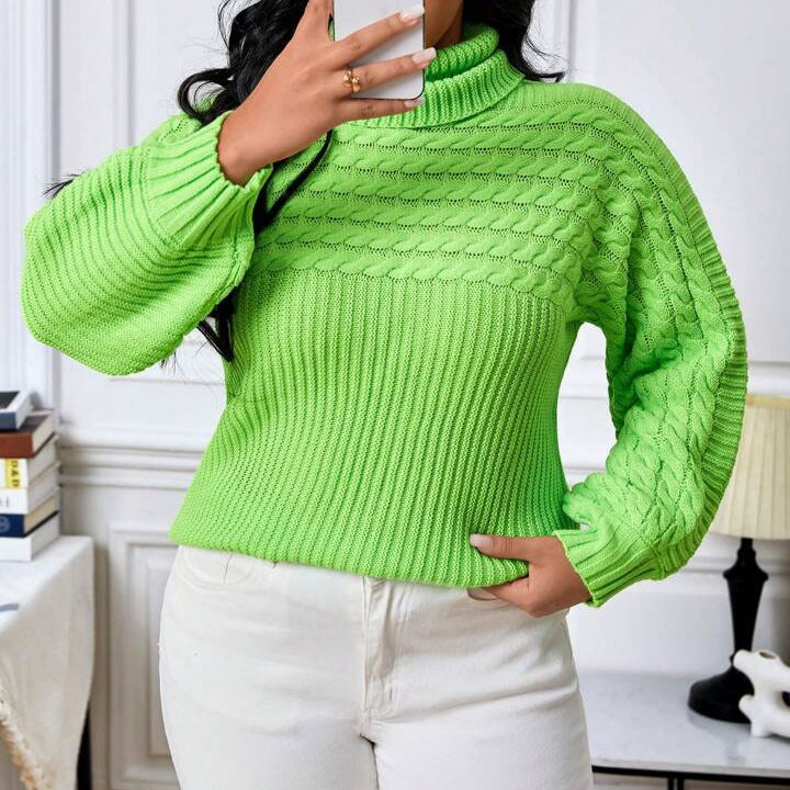 Damen Lockere Strickpullover mit hohem Kragen und ausgefallenem Zopfmuster EB