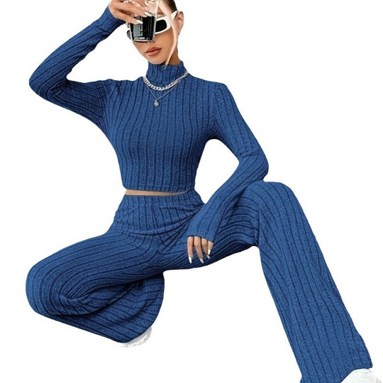 Damen Zweiteiliges Set mit hochgeschlossenem Pullover und ausgestellter Hose EB