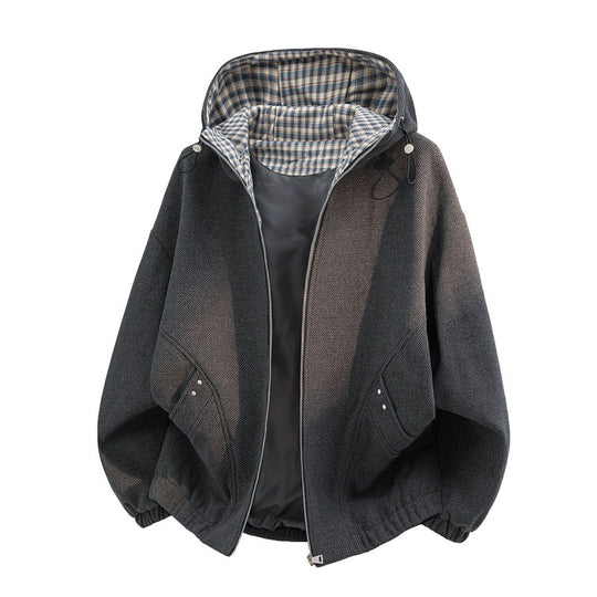 Damen oversized Fleecejacke mit Kapuze und karierter Innenfütterung EB
