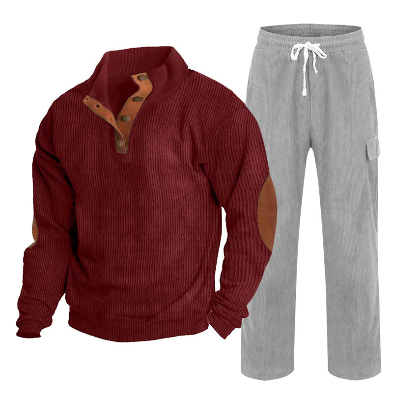 Herren nan strukturiertes Cord-Henley-Loungewear-Set mit Ellenbogenpatches und Cargo-Jogpant EB