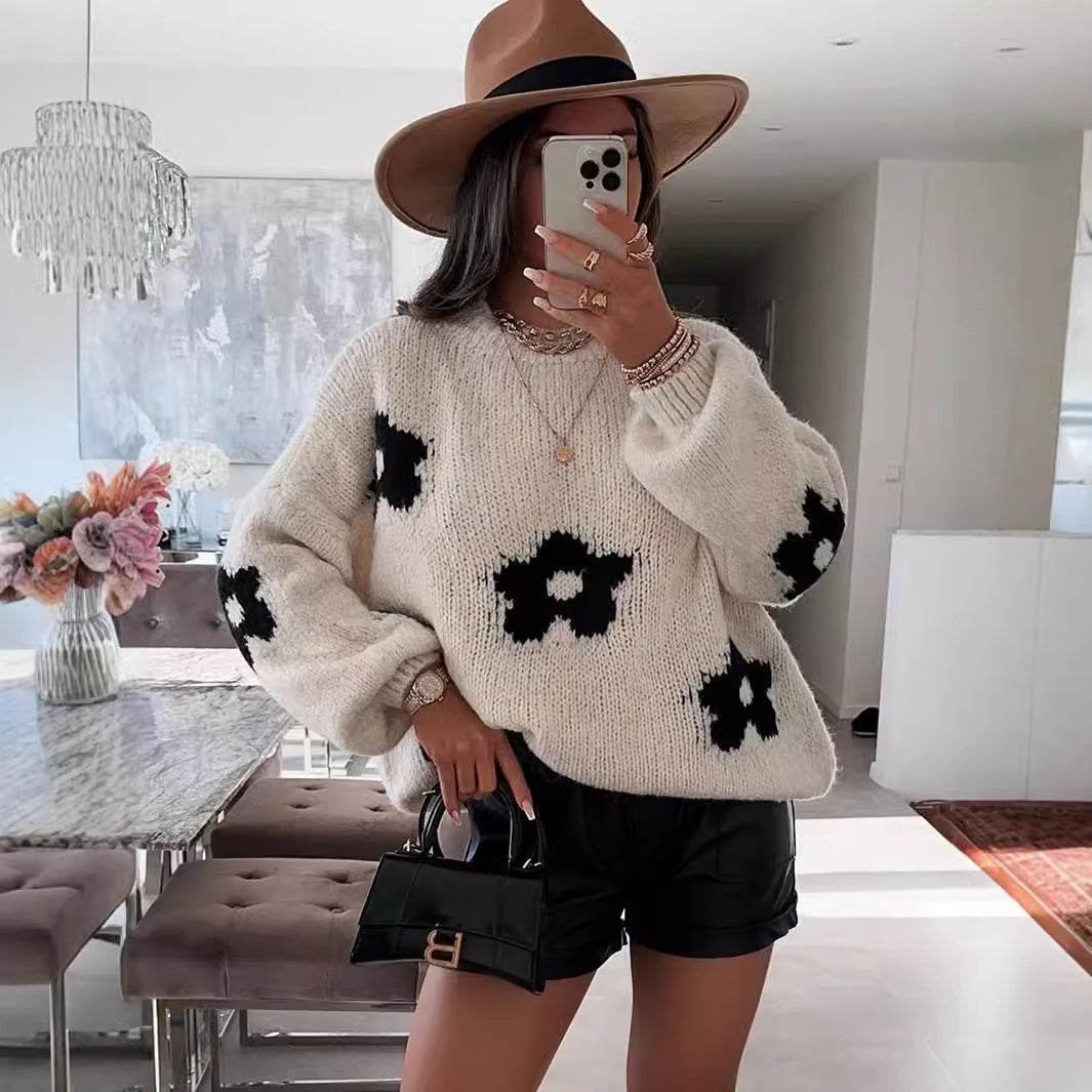 Damen Grobstrickpullover mit folkloristischen Blumenmustern und lässigem Schnitt EB