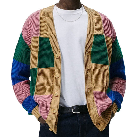 Herren Strickjacke mit buntem Blockmuster und bequemen Knöpfen EB